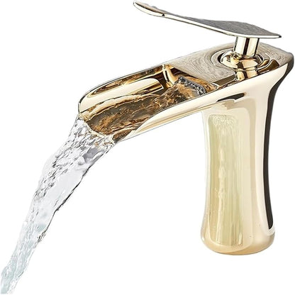 Faucet Modern Single Handle Brass Bathroom Faucet Deck Mounted Mixer Tap for Basin Hot and Cold Water(Gold,Short) Faucet