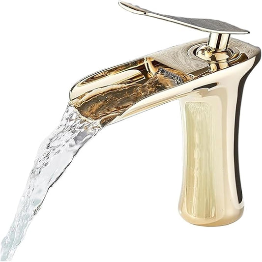Faucet Modern Single Handle Brass Bathroom Faucet Deck Mounted Mixer Tap for Basin Hot and Cold Water(Gold,Short) Faucet