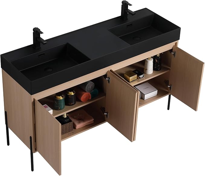 Crownpoint 60 Inch Bathroom Vanity with Sink, Black Double Sink, White Oak Finish, Full Assembly Required, Elegant Bathroom Vanities for Modern Homes