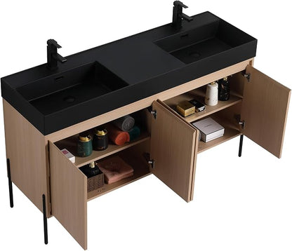 Crownpoint 60 Inch Bathroom Vanity with Sink, Black Double Sink, White Oak Finish, Full Assembly Required, Elegant Bathroom Vanities for Modern Homes