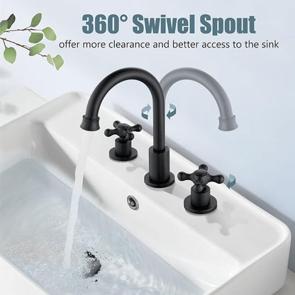 3 Hole Bathroom Sink Faucet Widespread Metal Label Matte Black | High-Arc Swivel Spout,Pop Up Drain,Cross Handle,cUPC Hose,for 6-16″Centerset Basin,Farmhouse,RV,Vanity,Lavatory 8" Mixer Tap