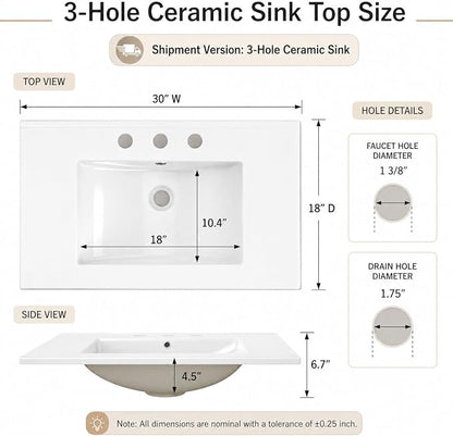 30" Floating Bathroom Vanity with Sink, Wall Mounted Bathroom Vanity Set with Fluted Doors, USB-Powered RGB LED Strip, Soft-Close Doors, Gold Handles, Black