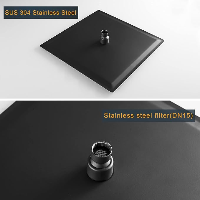 12 Inch Rain Shower Head, 12" Square Rainfall & High Pressure Stainless Steel Bath Showerhead, 1/16" Ultra Thin, Waterfall Full Body Coverage with Silicone Nozzle, Matte Black Finish | Square Rain Bathroom Showerhead, High Flow, Large Stainless Steel, ...
