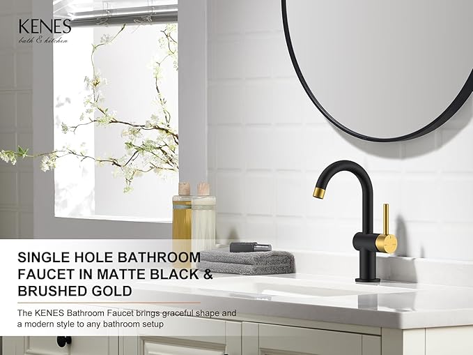 KENES Black and Gold Single Handle Bathroom Sink Faucet, Modern Prep Wet Bar Sink Faucet with Drain Assembly & Deck Plate, Vanity Faucets for Farmhouse RV Camper Utility, KE-9005B-BG