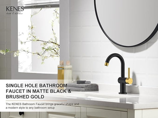 KENES Black and Gold Single Handle Bathroom Sink Faucet, Modern Prep Wet Bar Sink Faucet with Drain Assembly & Deck Plate, Vanity Faucets for Farmhouse RV Camper Utility, KE-9005B-BG