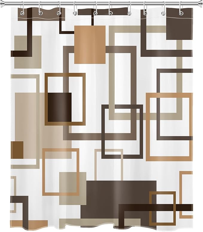 Abstract Geometric Brown Shower Curtain for Bathroom, Tan Vintage Striped Square Shower Curtain Modern Minimalist Polyester Fabric Bathroom Decor Curtains, 60W x 72L inches Including Hooks