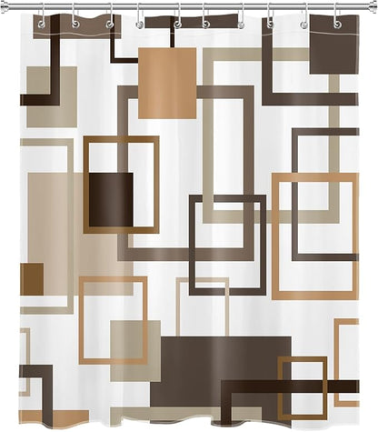 Abstract Geometric Brown Shower Curtain for Bathroom, Tan Vintage Striped Square Shower Curtain Modern Minimalist Polyester Fabric Bathroom Decor Curtains, 60W x 72L inches Including Hooks