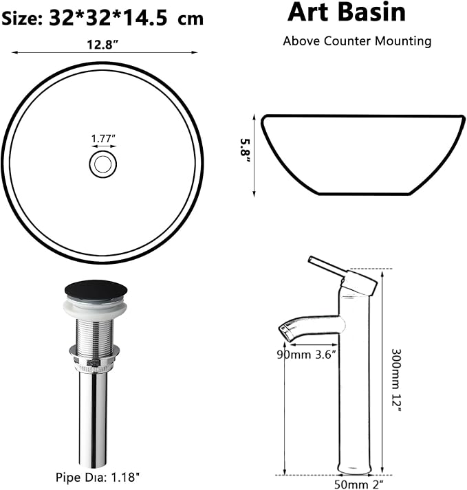 Black Resin Vessel Sink Set 13 inch Round | With Faucet and Pop-Up Drain, Top Mount Bathroom Basin, Compact Design, Space Saving for Small Bathrooms