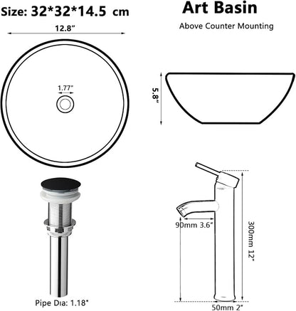 Black Resin Vessel Sink Set 13 inch Round | With Faucet and Pop-Up Drain, Top Mount Bathroom Basin, Compact Design, Space Saving for Small Bathrooms