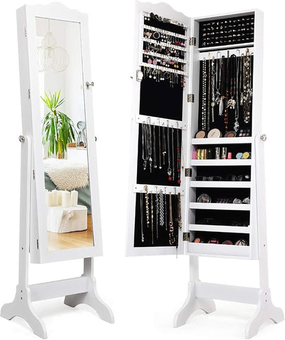 Giantex Jewelry Armoire with Full Length Mirror, Lockable Standing Jewelry Cabinet, Mirror with Jewelry Storage, Ring Earring Necklace Makeup Display, Jewelry Organizer Box for Women Girls (White)