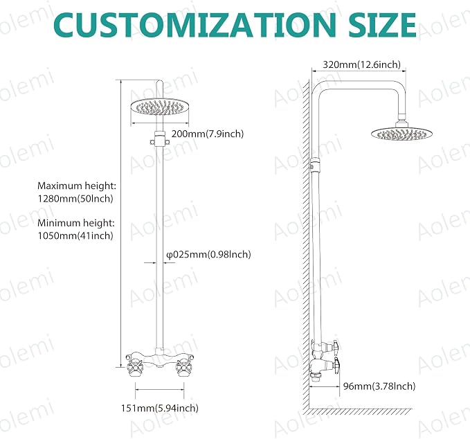 Aolemi Outdoor Shower Kit,8 Inch Rain Head,Hot and Cold,Brushed Nickel | 2-Handle Control Outdoor Shower Fixtures,Adjustable Height,6-Inch Center Valve,Winter Drainage,Exposed Shower