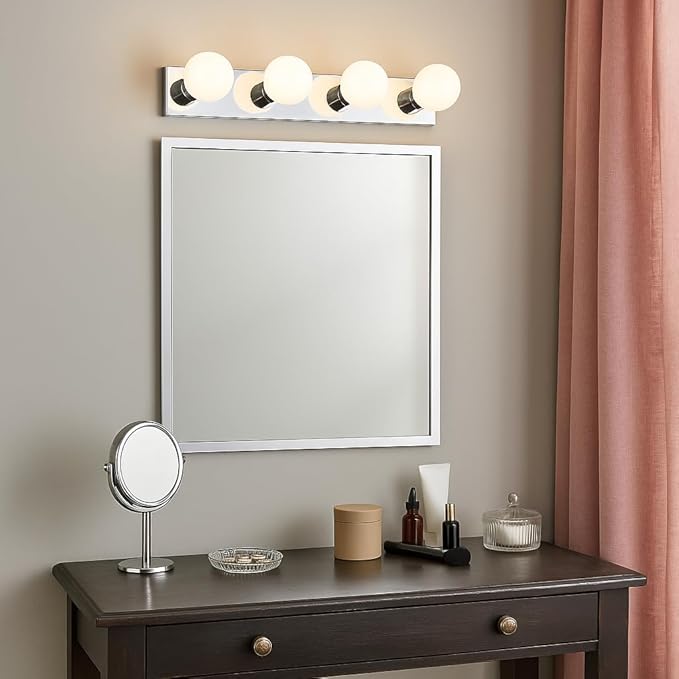 Design House Vanity Lighting, Steel Construction, 4 Vanity Lights, Dimmable, Uses four 60W Bulbs, Polished Chrome, 24.0 In. W x 4.3 In. H x 2.0 In. D, 500892