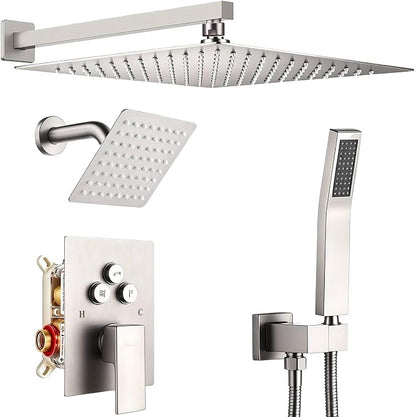 Dual Rainfall Shower Head System Brushed Nickel, 3-Function Push Button Shower Faucet Set with 12" Wall Mount Rain shower head and 6" Wall Mount Shower Head, Pressure Balance Rough-in Valve