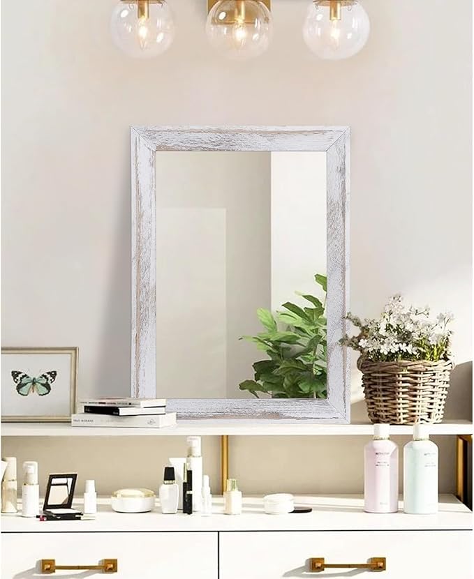AAZZKANG Mirrors for Wall Rustic Wood Framed Hanging Mirror 20"x16" Decorative for Farmhouse Bedroom Bathroom Living Room Entryway Hallway White