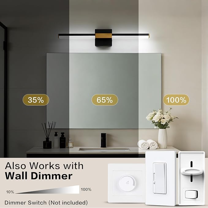 SOLFART Vanity Lights for Bathroom Dimmable: Black and Gold 24-Inch Built-in Step Dimming Bathroom Light Fixtures Over Mirror ETL IP44