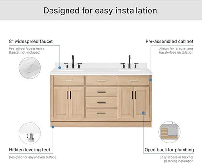 ARIEL Hepburn 66-inch Bathroom Vanity with Sink,Solid Wood, 1.5-inch Carrara White Quartz Countertop, Double Rectangular Porcelain Sink, 4 Soft Closing Doors, 6 Dovetail Drawers, White Oak