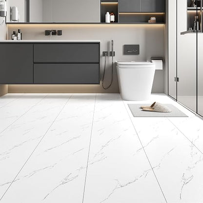White Marble Peel and Stick Floor Tiles, A Roll of Vinyl Flooring Waterproof – 11.8" Width 590" Length, Self-Adhesive and Non-Slip Features for Bathroom, Kitchen and Living Room