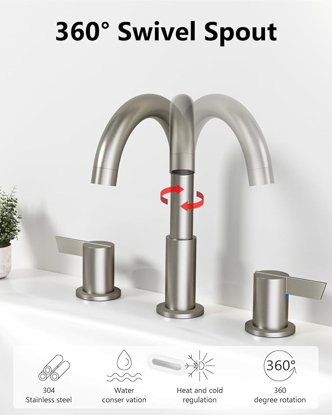 Bathroom Sink Faucet 3 Hole 8 Inch Widespread 2-Handle Vanity Faucet SUS304 Stainless Steel with Pop-Up Drain and Supply Lines Brushed Nickel