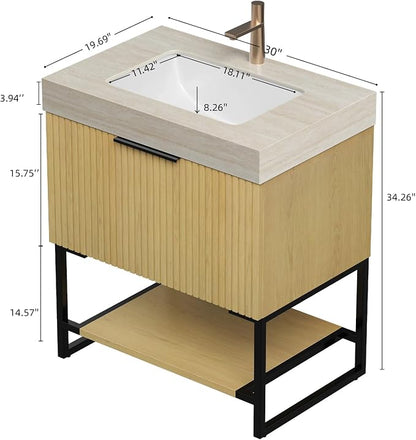 30" Freestanding Bathroom Vanity with Sink, Bathroom Vanity with Sintered Stone Top & Undermount Ceramic Basin, Pre-Assembled Striped Bathroom Storage Cabinet with Drawer & Open Shelf, Oak