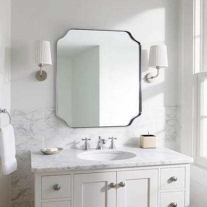 24"x24" Chrome Mirror, Polished Nickel Square Mirror for Wall, Scalloped Bathroom Mirror in Anti-Rust Stainless Steel Frame, Unique Notched Corner Designed Ideal for Home Remodel