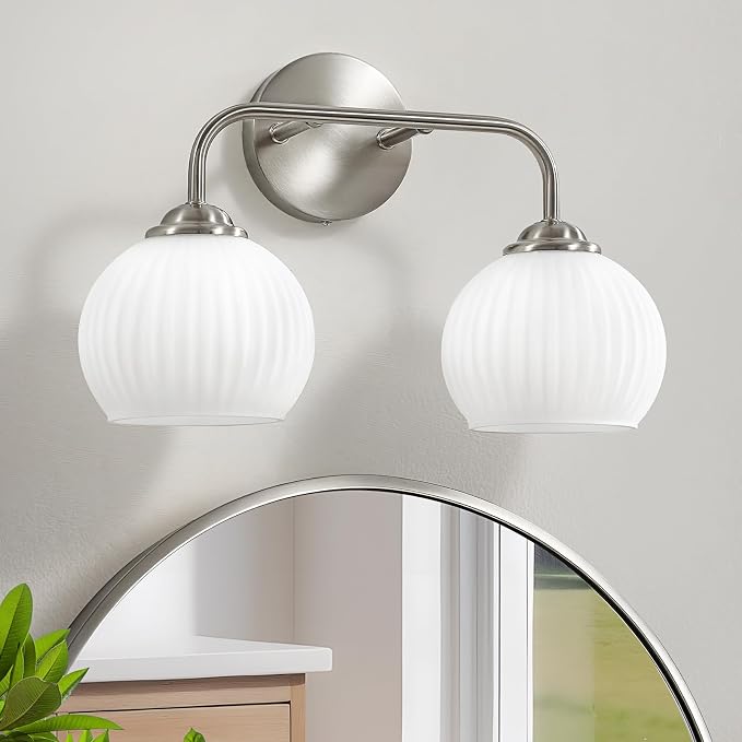 RUIYEY Bathroom Vanity Light Fixtures: 2-Lights Vanity Lighting Fixtures with Frosted Milky Glass Shades, Hardwired 15.9 in Brushed Nickel Vanity Lights Over Mirror (Exclude E26 Bulb)