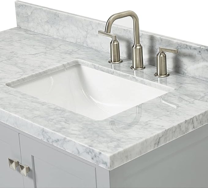 ARIEL Cambridge 42-inch Bathroom Vanity with Sink,Solid Wood, 1.5-inch Italian Carrara Marble Countertop, Single Rectangular Porcelain Sink, 2 Soft Closing Doors, 5 Dovetail Drawers, Grey