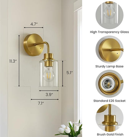Epinl Battery Operated Wall Sconce Set of Two - Dimmable Wireless Sconces Set of 2 with Remote Control, Cordless Rechargeable Gold Wall Lights 3000K Modern Wall Lamp for Bathroom Bedroom Living Room