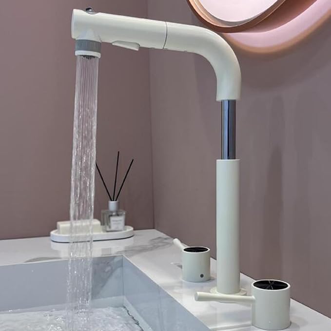 3 Hole Basin Faucets Pull Out Basin Mixer Faucet Brass-Milky White