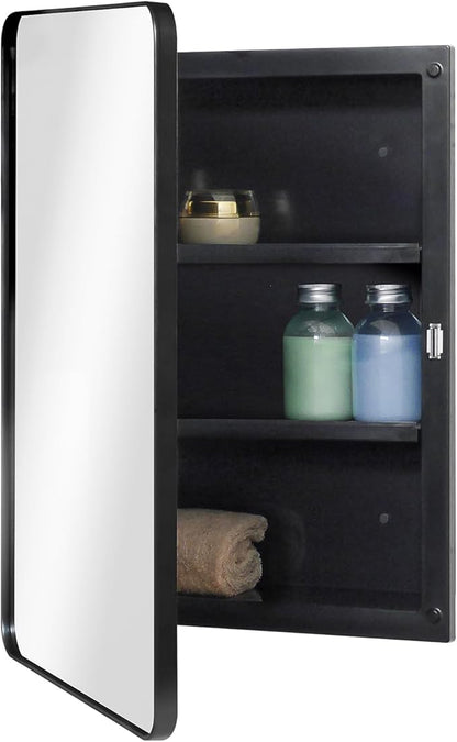 Fundin Plastic Black Medicine Cabinet, Mirror Door with Round Corner Metal Frame, Recessed and Surface Mount Bathroom Medicine Cabinet, 16 x 22 inch Mirror Size
