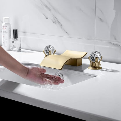 Widespread Bathroom Sink Faucet with Crystal Knob 3 Hole Waterfall Bathroom Faucet 8 Inch Crystal Vanity Faucets Deck Mount Basin Mixer Tap with Hose, Brushed Gold