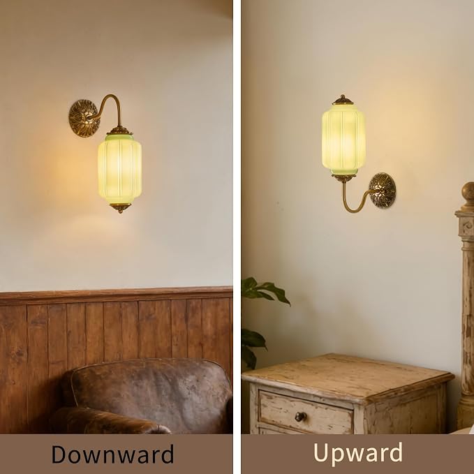 Vintage Milk Glass Wall Sconce, H15" Hardwired Green Glass Sconce with Gold Carved Metal, Antique Bronze Retro Wall Lamp for Bedroom, Bathroom, Living Room, Hallway, E12 Bulb Warm Light (Green 1Pack)