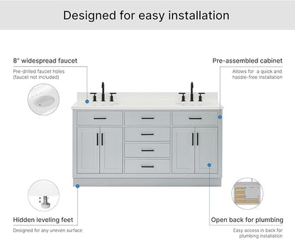 ARIEL Hepburn 66-inch Bathroom Vanity with Sink,Solid Wood, 1.5-inch Pure White Quartz Countertop & Backsplash, Double Oval Porcelain Sink, 4 Soft Closing Doors, 6 Dovetail Drawers, Grey