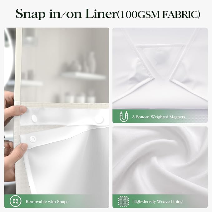 Ivory Hook Free Waffle Shower Curtain & Snap-in Fabric Liner,72x75 | Less Time to install, 3 in 1 Fabric Shower Curtain and Liner Set with Magnets, Mesh Top Window, Shower Curtains for Bathroom