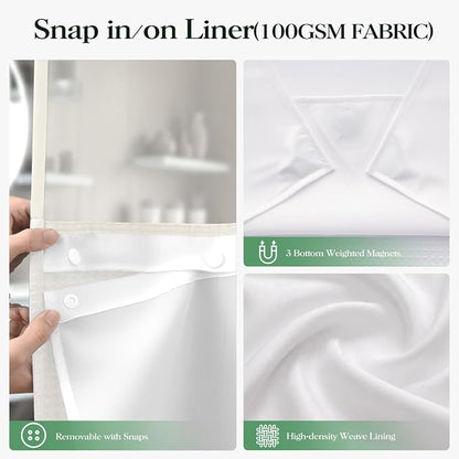 Ivory Hook Free Waffle Shower Curtain & Snap-in Fabric Liner,72x75 | Less Time to install, 3 in 1 Fabric Shower Curtain and Liner Set with Magnets, Mesh Top Window, Shower Curtains for Bathroom