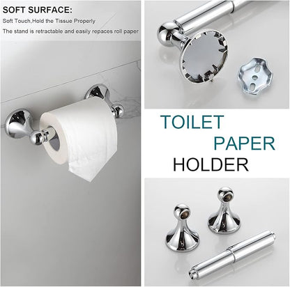 BGL Bathroom Hardware Set, Chrome Adjustable Expandable Towel Bar 4-Piece Bathroom Accessory Set Wall Mounted Robe Hook Toilet Paper Holder Towel Ring Towel Bar