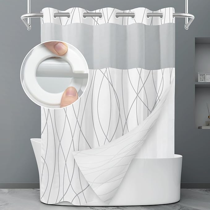 No Hook Shower Curtain with Snap-in Liner, Gray White, 71 x 77 Inch | Stripe Pattern,Waterproof,Quick Dry,Mesh Top Window,Bottom Magnets,Hotel Style,Machine Washable,Modern,for Bathroom