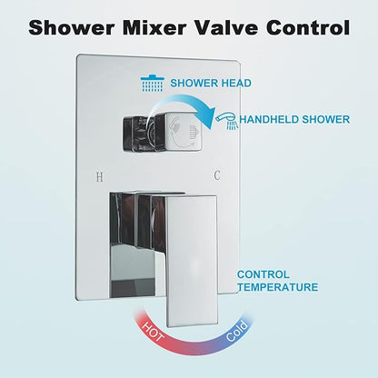 Ceiling Mount Shower Faucet Set 12 Inch LED Rainfall Shower Head Bathroom Rainfall Shower System with Handheld Spray Rough-in Valve Body and Trim Included, Chrome Finished