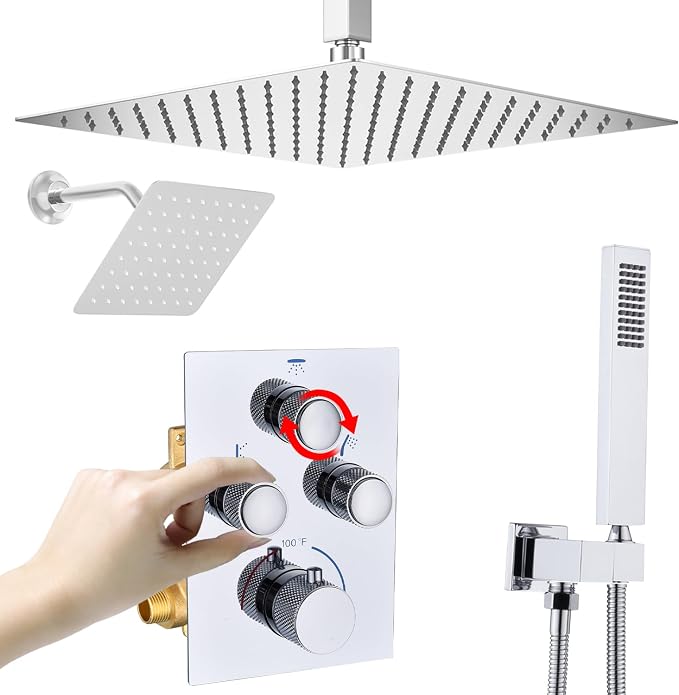 Dual Shower Heads Shower System with 16" Ceiling Mounted Rain Shower Head & 6" Wall Mounted Head Full Body Shower System 3 Way Thermostatic Shower Valve, Polished Chrome