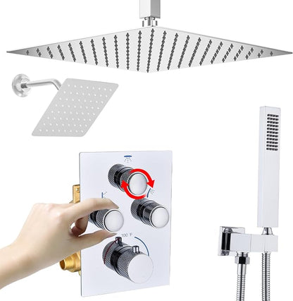 Dual Shower Heads Shower System with 16" Ceiling Mounted Rain Shower Head & 6" Wall Mounted Head Full Body Shower System 3 Way Thermostatic Shower Valve, Polished Chrome