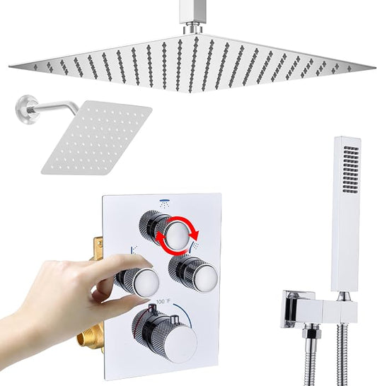 Dual Shower Heads Shower System with 16" Ceiling Mounted Rain Shower Head & 6" Wall Mounted Head Full Body Shower System 3 Way Thermostatic Shower Valve, Polished Chrome