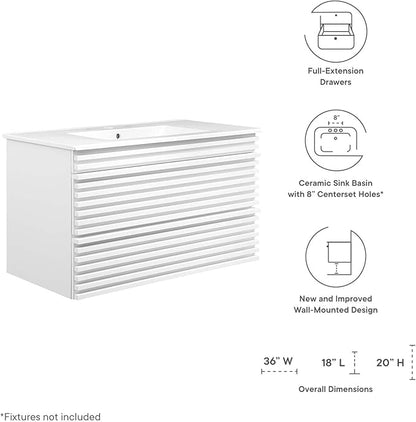Modway Render 36" Wall-Mount Bathroom Vanity in White White