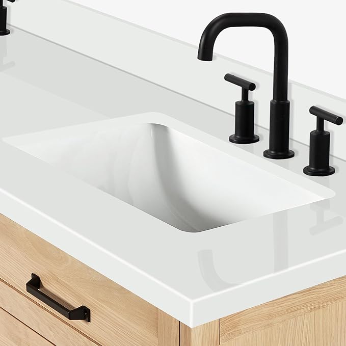 ARIEL Monroe 72-inch Bathroom Vanity with Sink,Solid Wood, 1.5-inch Pure White Quartz Countertop & Backsplash, Double Oval Porcelain Sink, 9 Dovetail Drawers, Matte Black, White Oak
