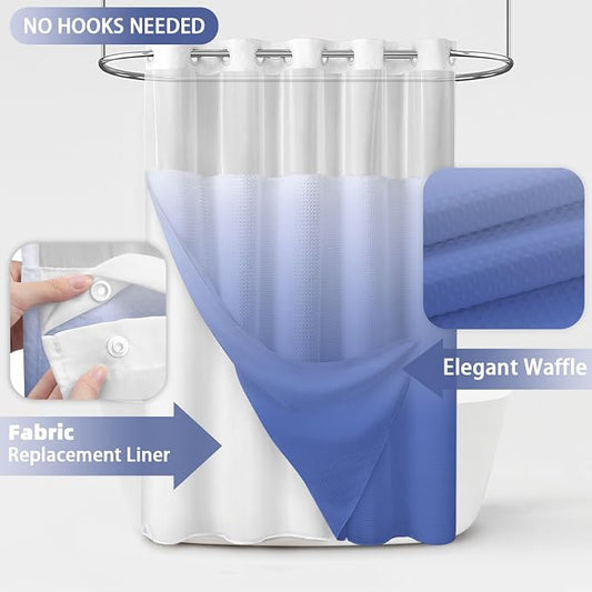 No Hook Shower Curtain with Liner Hotel Waffle Ombre Light Blue 72W X 75L | Washable Snap in Fabric Liner, Mesh Top Window, Waffle Hotel Style Shower Curtain Set