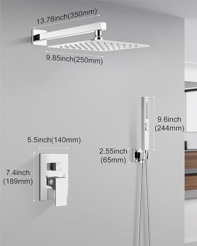 Shower Faucet Set Rainfall Shower System with Square Showerhead and Handle Set Fixture with 2 in 1 Function Handheld Sprayer Wall Mounted Trim Repair Kit Rough-in Valve 10 Inch Polish Chrome