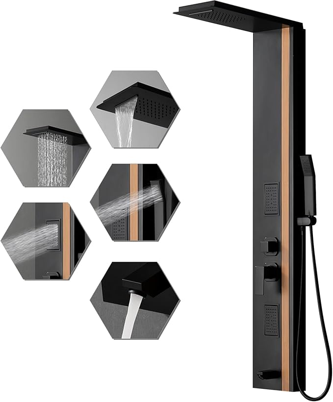 BWE Shower Tower Bathroom Shower Panel System Stainless Steel Multi-Function Shower Panel with Rainfall Waterfall Shower Head Massage Jets Tub Spout, Black
