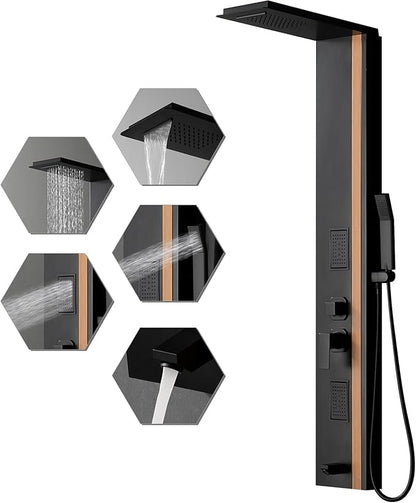 BWE Shower Tower Bathroom Shower Panel System Stainless Steel Multi-Function Shower Panel with Rainfall Waterfall Shower Head Massage Jets Tub Spout, Black