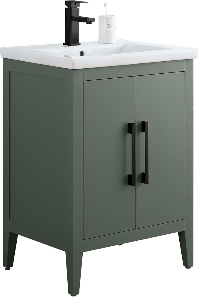 HomeBeyond 24 Inch Bathroom Vanity with Sink & Ceramic Top, Single Vanity Cabinet with Basin, Soft-Closing Doors & Matte Black Hardware, Vintage Green