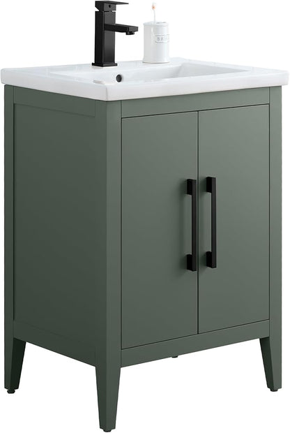 HomeBeyond 24 Inch Bathroom Vanity with Sink & Ceramic Top, Single Vanity Cabinet with Basin, Soft-Closing Doors & Matte Black Hardware, Vintage Green