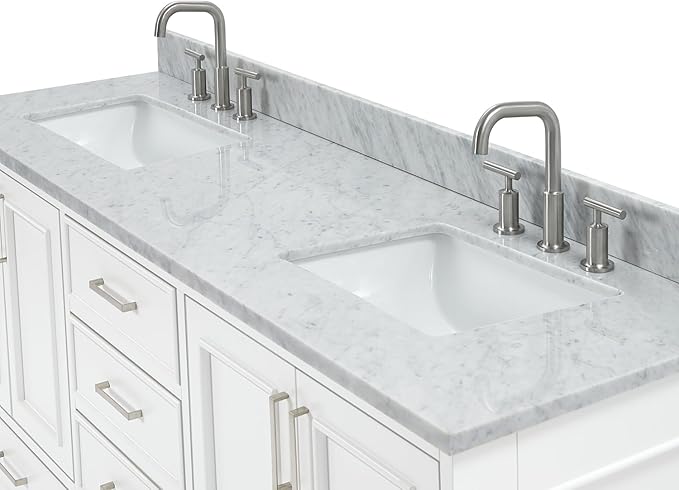 ARIEL Stafford 72-inch Bathroom Vanity with Sink,Solid Wood, 0.75-inch Italian Carrara Marble Countertop, Double Rectangular Porcelain Sink, 4 Soft Closing Doors, 6 Dovetail Drawers, White