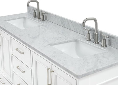 ARIEL Stafford 72-inch Bathroom Vanity with Sink,Solid Wood, 0.75-inch Italian Carrara Marble Countertop, Double Rectangular Porcelain Sink, 4 Soft Closing Doors, 6 Dovetail Drawers, White